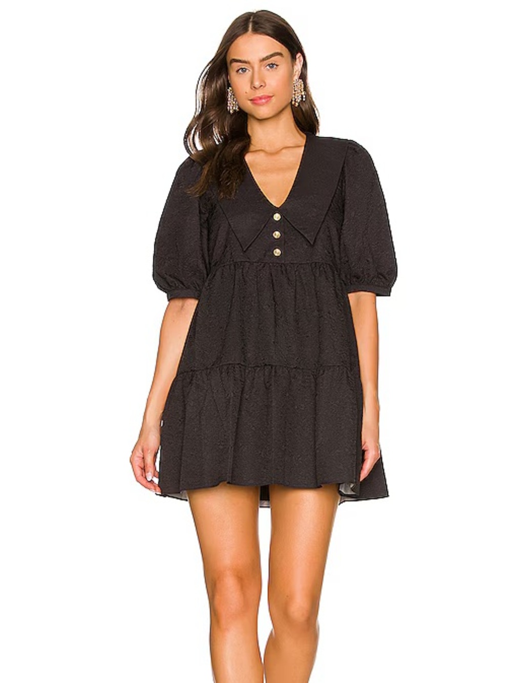 Amanda Uprichard Black Puff-Sleeve Tiered Mini Dress with V-Neck Collar